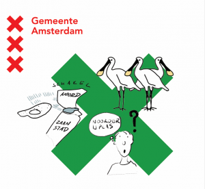 Tekening met Amsterdams kruis met lepelaars, een meertje een poppetje met een vraagteken naast zijn hoofd